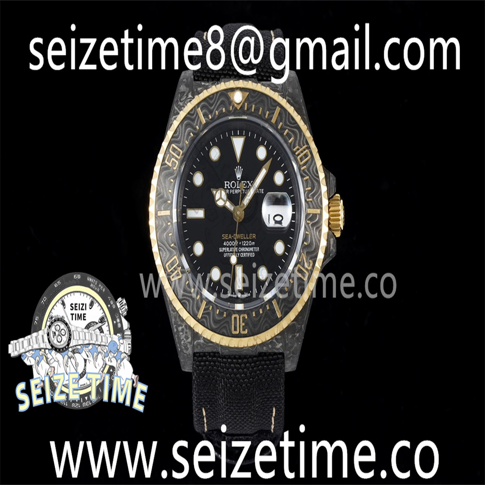 Sea Dweller 43mm Carbon DIWF Best Edition Black Dial YG Bezel on Black Nylon Strap A2824