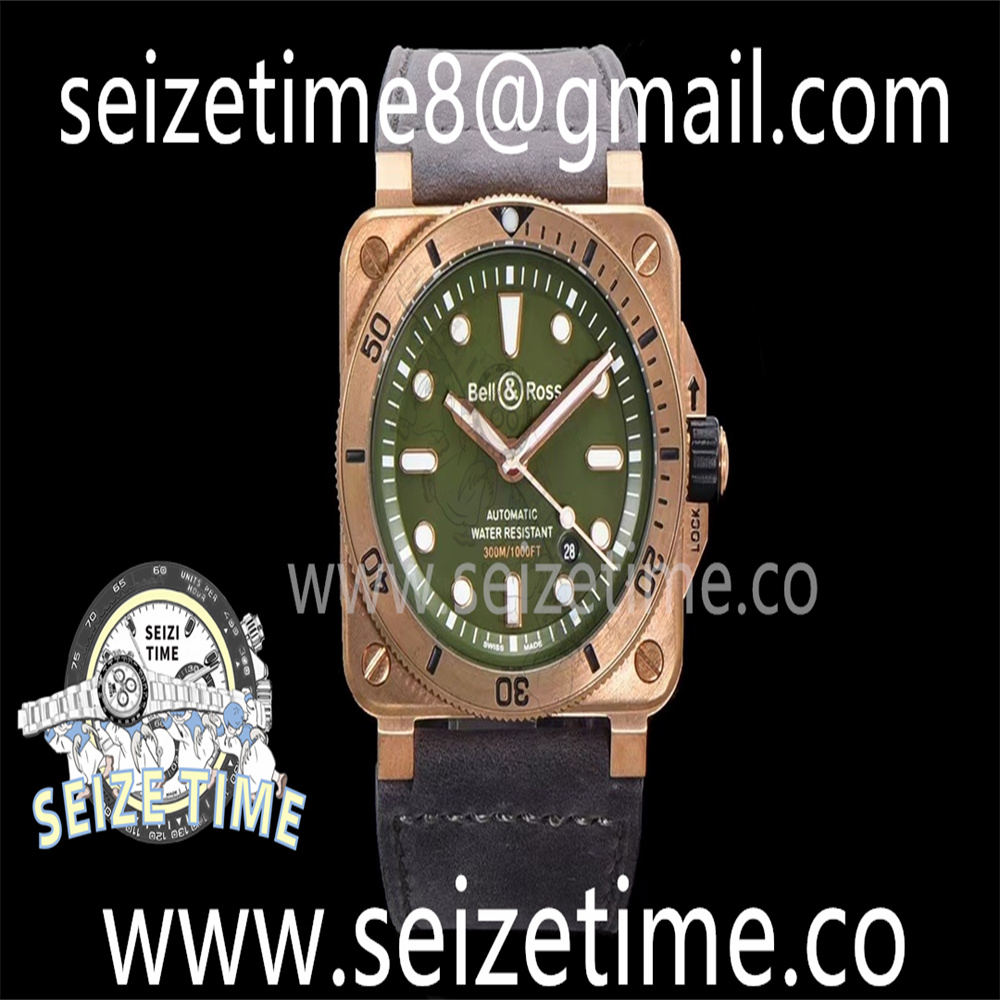 BR03-92 Diver 42mm Bronze BR 1:1 Best Edition Green Dial on Gray Leather Strap MY9015 (Free Rubber Strap)