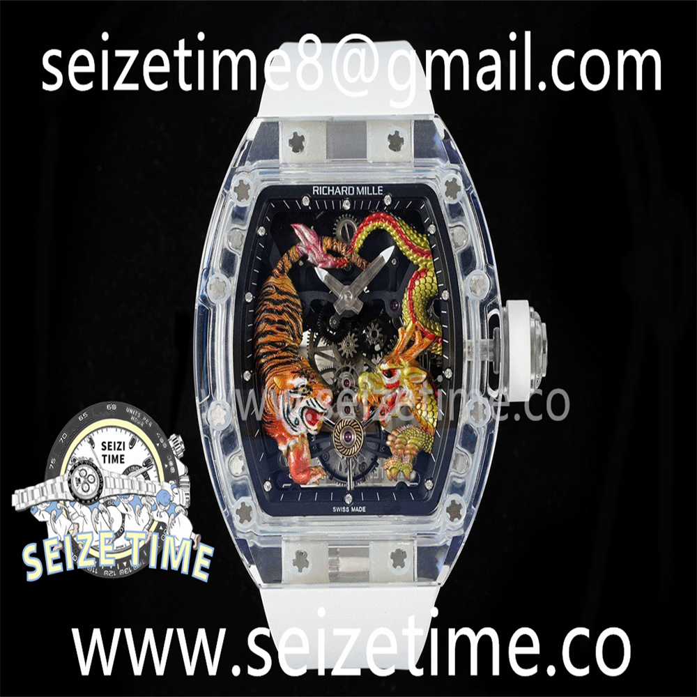 RM51 Tourbillon Transparent RMF Best Edition Tiger/Dragon Dial on White Rubber Strap