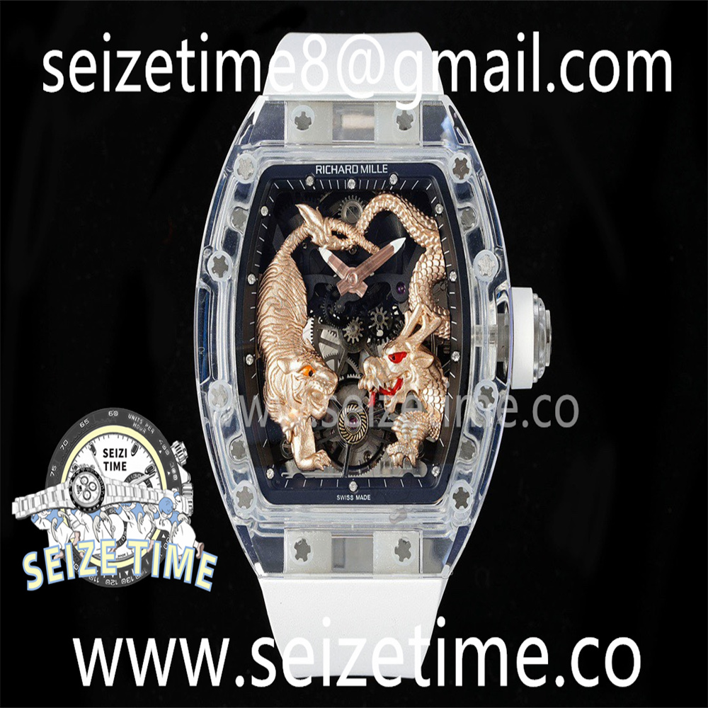 RM51 Tourbillon Transparent RMF Best Edition Tiger/Dragon Dial on White Rubber Strap
