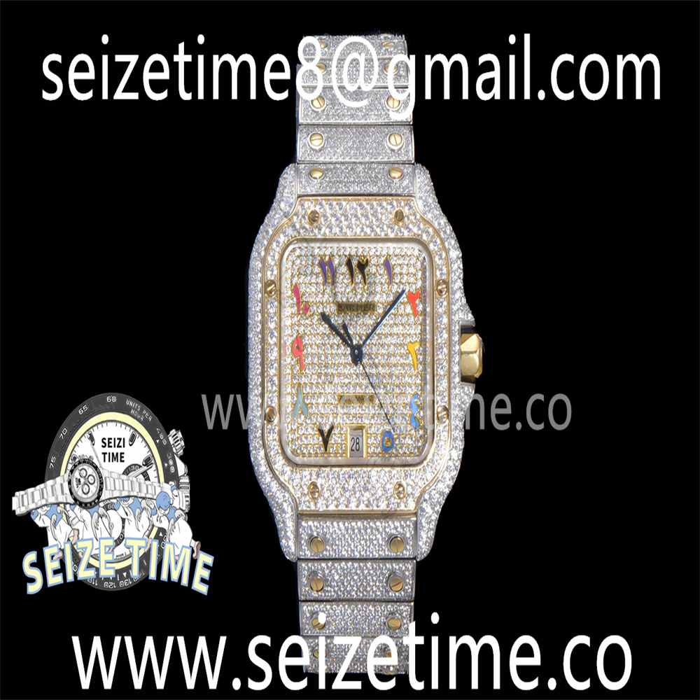 Santos 40mm Full Diamonds SS/YG AMGF Best Edition Diamonds Colorful Arabic Dial on Bracelet MIYOTA 9015