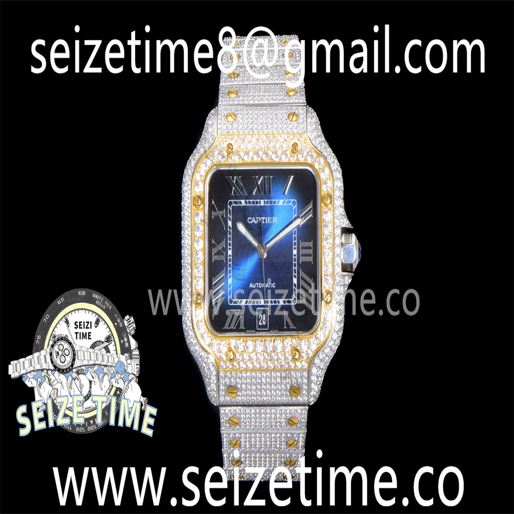 Santos 40mm Full Diamonds SS/YG AMGF Best Edition Blue Roman Dial on Bracelet MIYOTA 9015