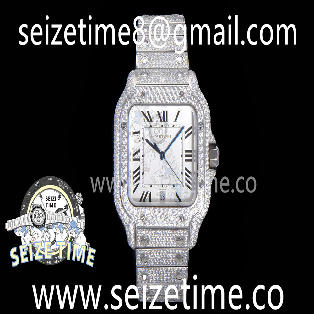 Santos 40mm Full Diamonds SS AMGF Best Edition White Roman Dial on Bracelet MIYOTA 9015