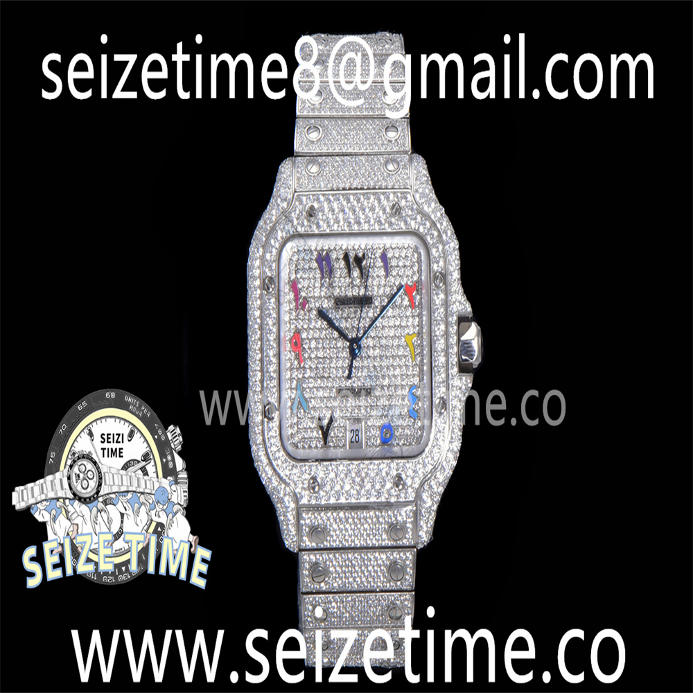 Santos 40mm Full Diamonds SS AMGF Best Edition Diamonds Colorful Arabic Dial on Bracelet MIYOTA 9015