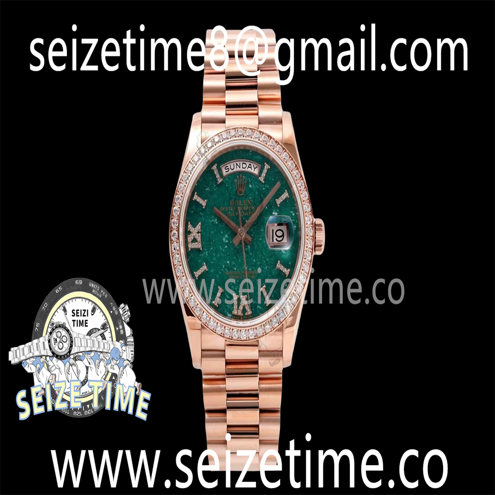 Day Date 36 RG TWSF Best Edition Green Roman Diamonds Dial Diamonds Bezel on RG Bracelet A2836