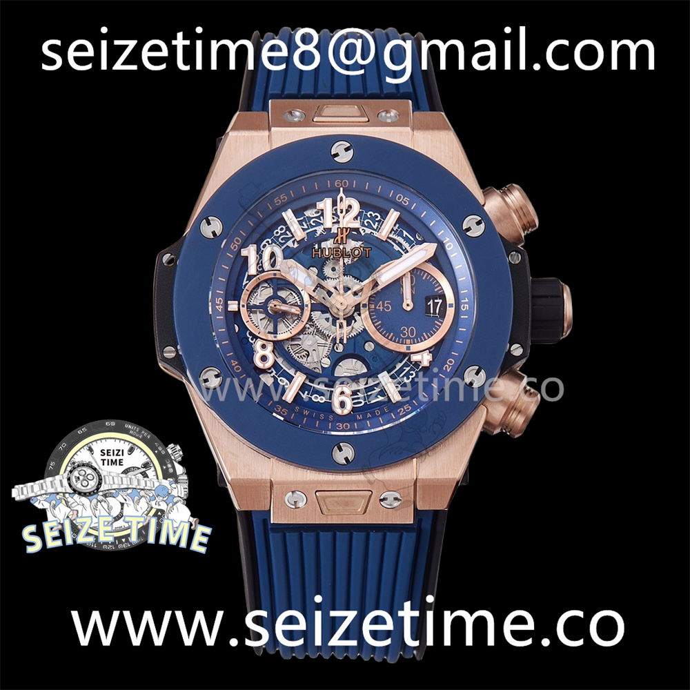 Big Bang Unico 42mm RG BBF 1:1 Best Edition Skeleton Dial Blue Ceramic Bezel on Blue Rubber Strap A1280 V2