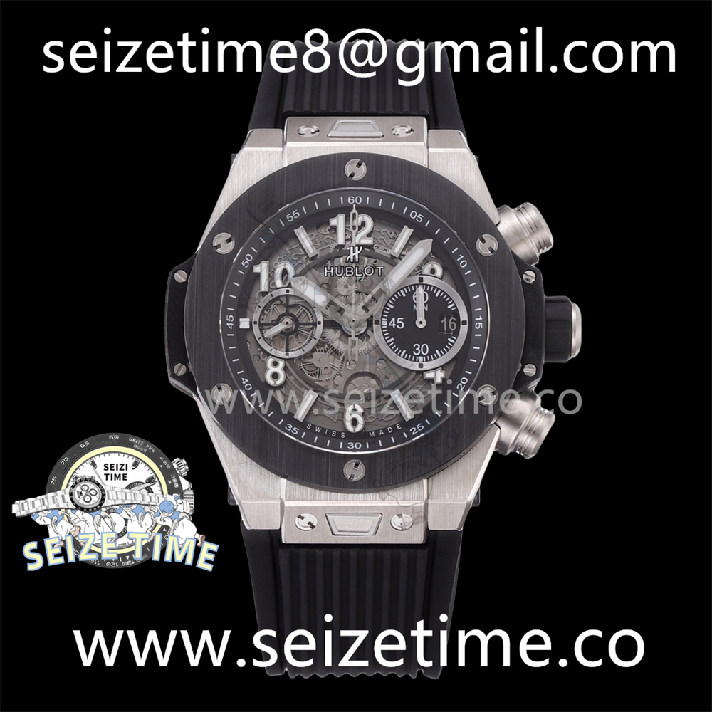 Big Bang Unico 42mm SS BBF 1:1 Best Edition Skeleton Dial Black Ceramic Bezel on Black Rubber Strap A1280 V2