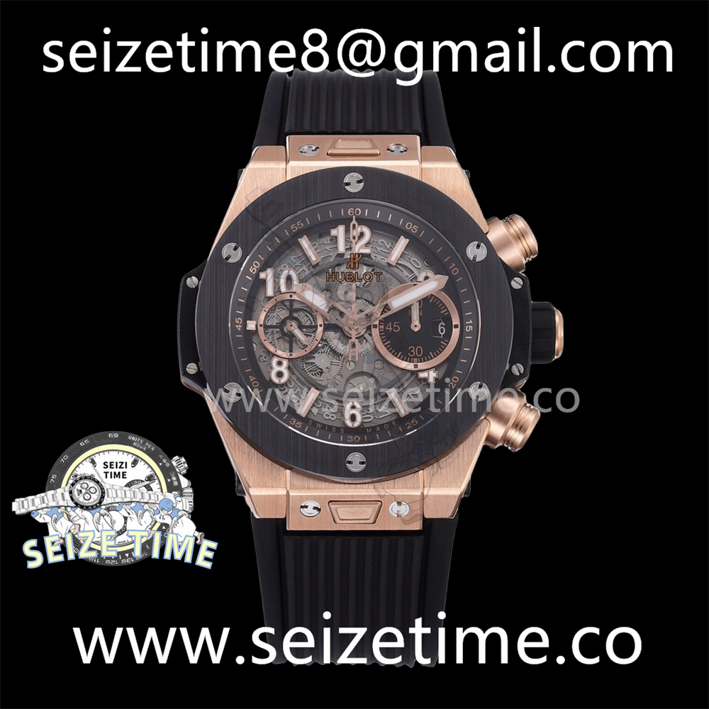 Big Bang Unico 42mm RG BBF 1:1 Best Edition Skeleton Dial Black Ceramic Bezel on Black Rubber Strap A1280 V2