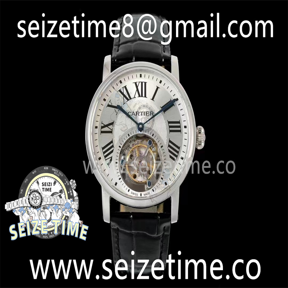 Rotonde de Cartier Flying Tourbillon SS RMS Best Edition Silver Dial on Black Leather Strap