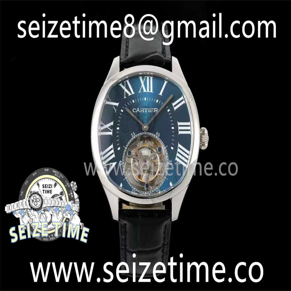 Drive De Cartier Flying Tourbillon SS RMS Best Edition Blue Dial on Black Leather Strap