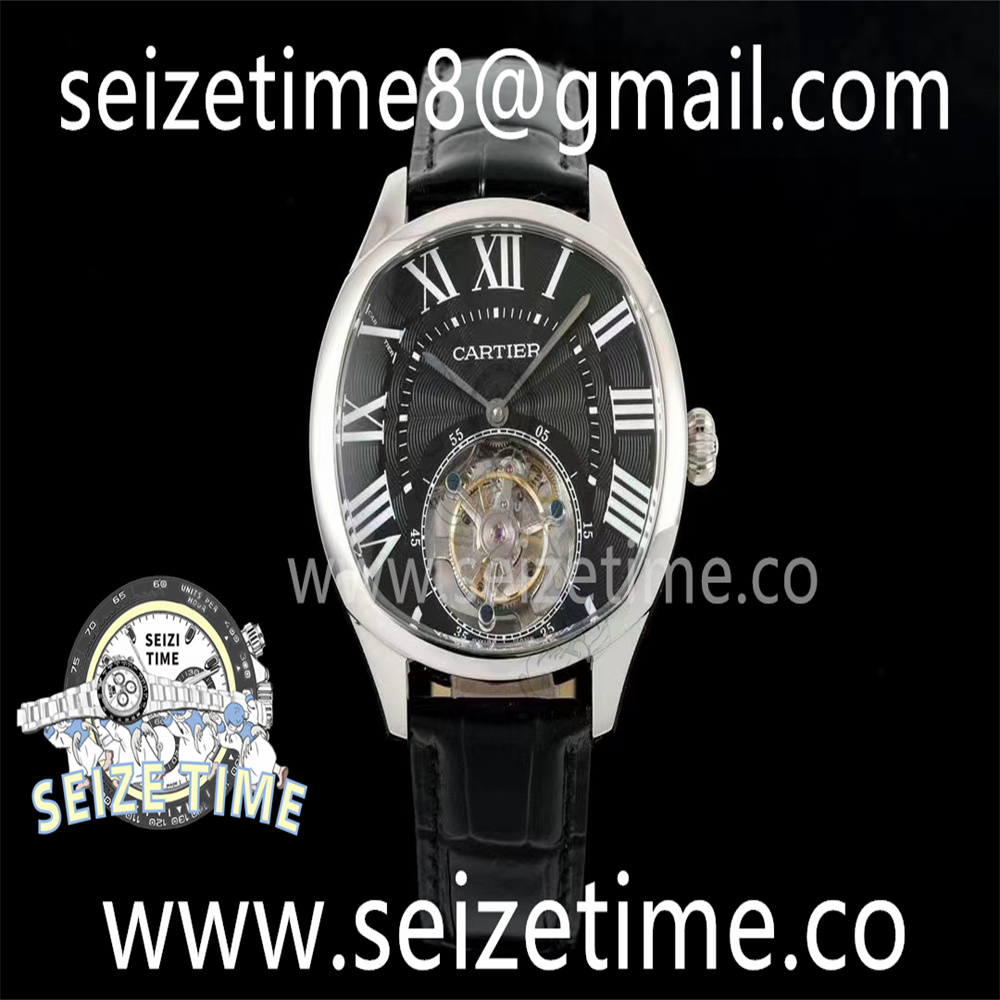 Drive De Cartier Flying Tourbillon SS RMS Best Edition Black Dial on Black Leather Strap