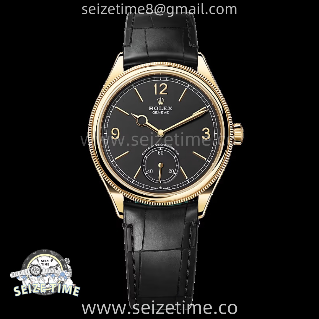 Perpetual 1908 52509 39mm YG 8+F Black Dial On Black Leather Strap A7140