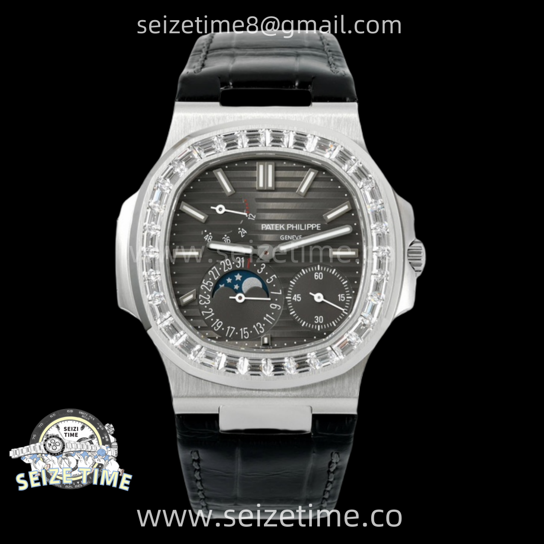 Nautilus 5712 SS PPF 1:1 Best Edition Gray Dial Diamonds Bezel on Black Leather Strap A240 Super Clone