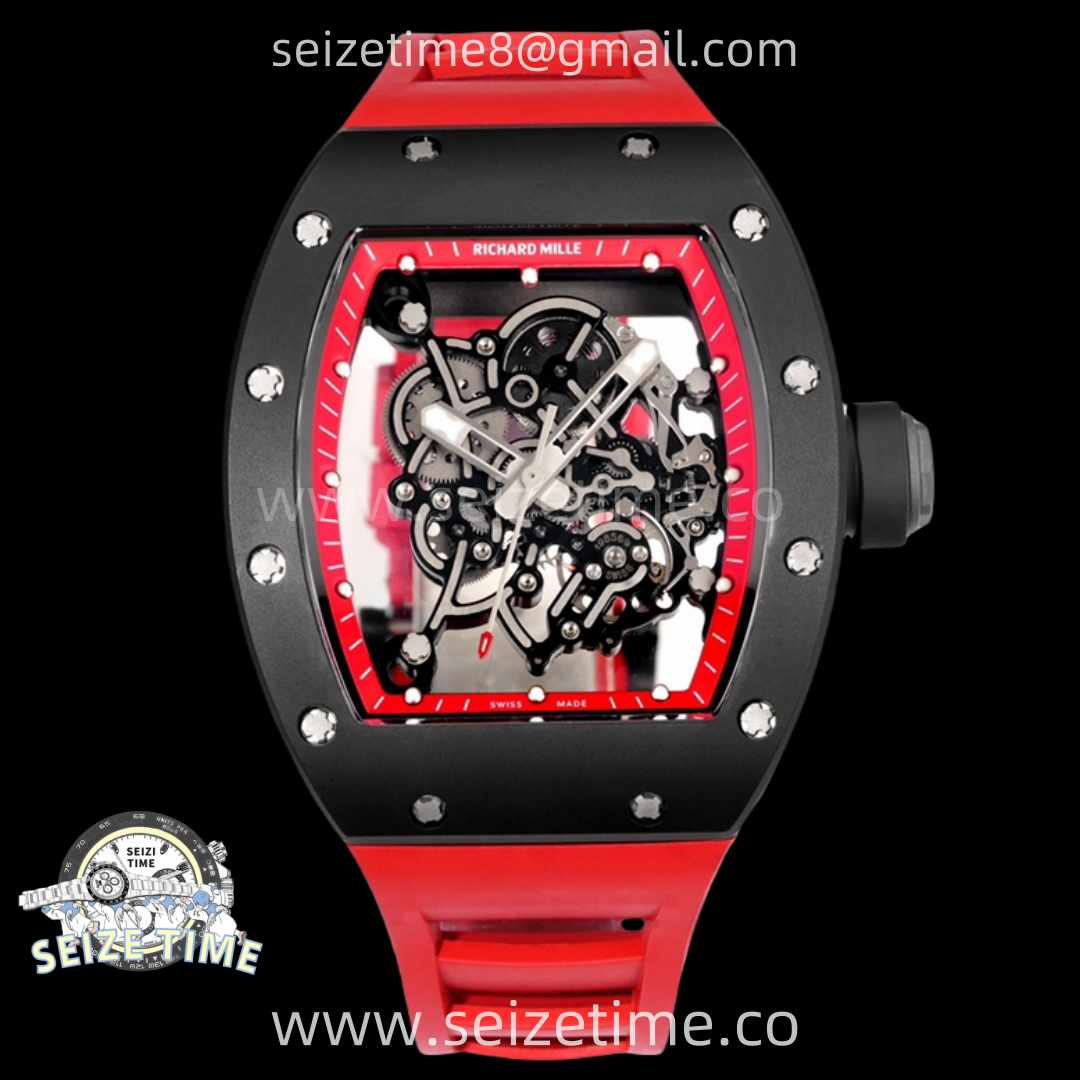 RM055 Black Ceramic Red Inner RMF Best Edition Skeleton Dial On Red Rubber Strap RMUL2 Super Clone