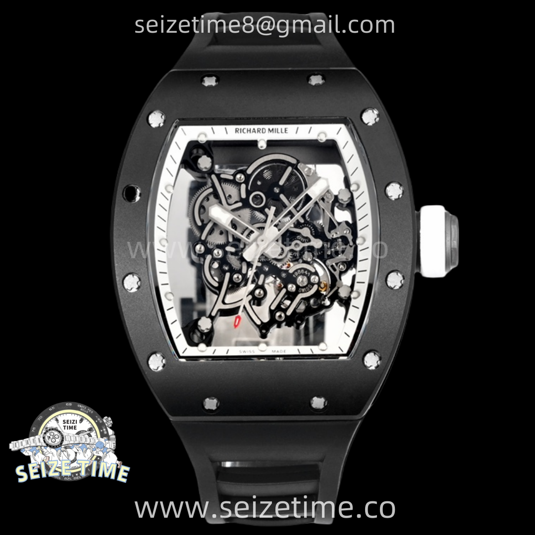 RM055 Black Ceramic White Inner RMF Best Edition Skeleton Dial On Black Rubber Strap RMUL2 Super Clone