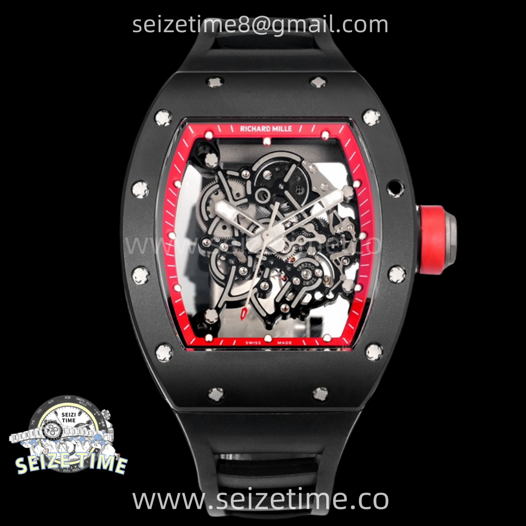 RM055 Black Ceramic Red Inner RMF Best Edition Skeleton Dial On Black Rubber Strap RMUL2 Super Clone