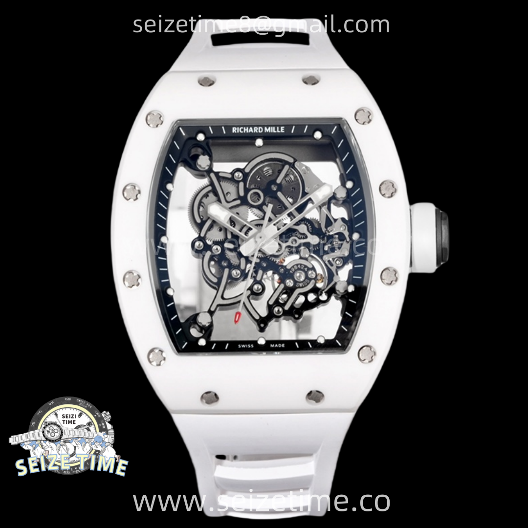 RM055 White Ceramic Black Inner RMF Best Edition Skeleton Dial On White Rubber Strap RMUL2 Super Clone