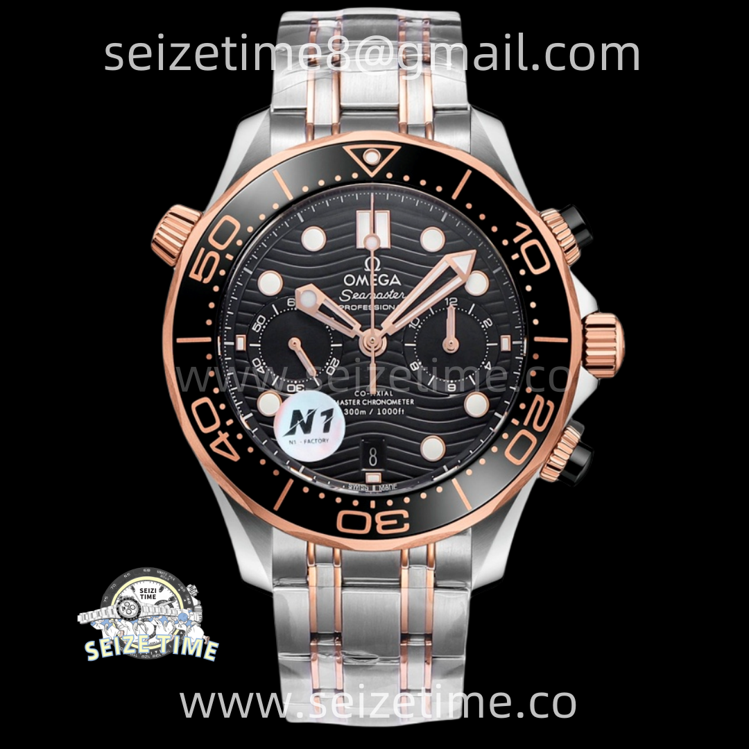 Seamaster 300M Chrono Black Ceramic Bezel SS/RG N1F 1:1 Best Edition Black Dial on SS/RG Bracelet A9900