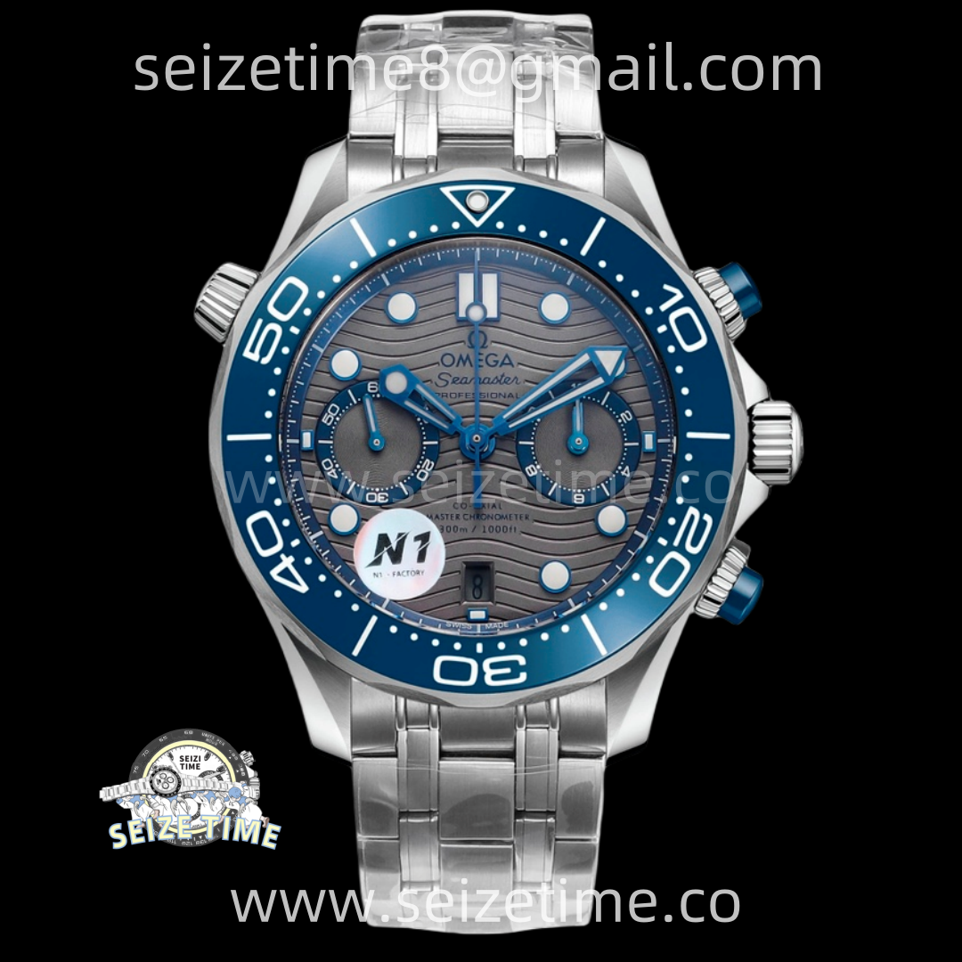 Seamaster 300M Chrono Blue Ceramic Bezel SS N1F 1:1 Best Edition Grey Dial on SS Bracelet A9900