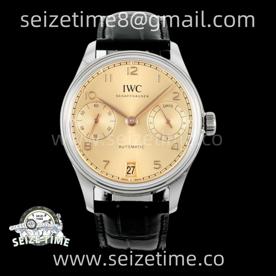 Portuguese Real PR IW501705 SS APSF 1:1 Best Edition Gold Dial On Black Leather Strap A52010