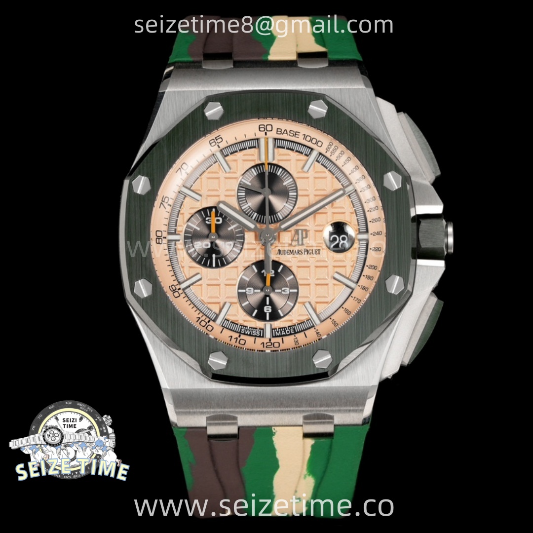 Royal Oak Offshore 44mm SS TKF 1:1 Best Edition Cream Dial on Green Camo Rubber Strap A3126