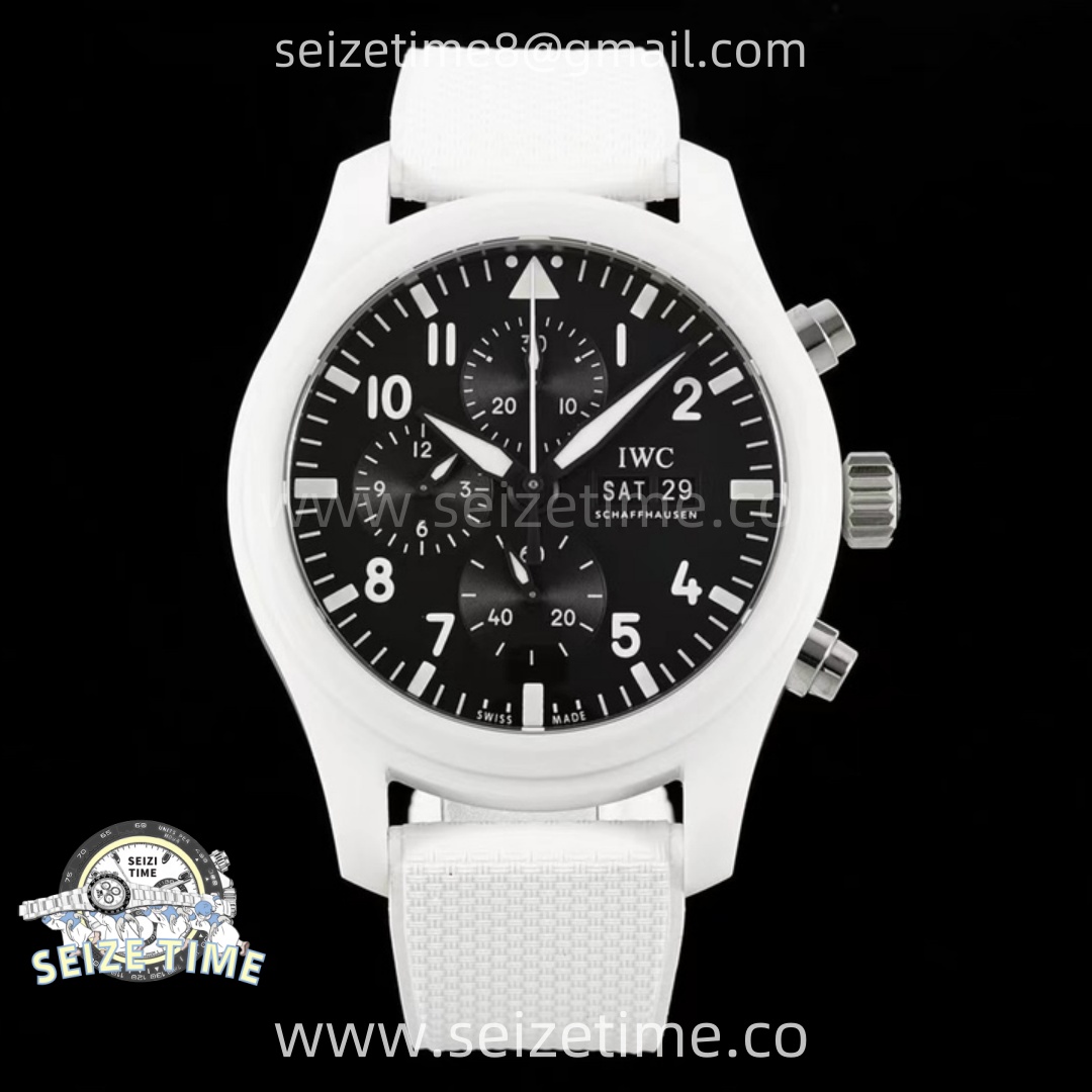 Pilot Chrono IW389105 Real White Ceramic TPSF 1:1 Best Edition Black Dial On White Rubber Strap A7750