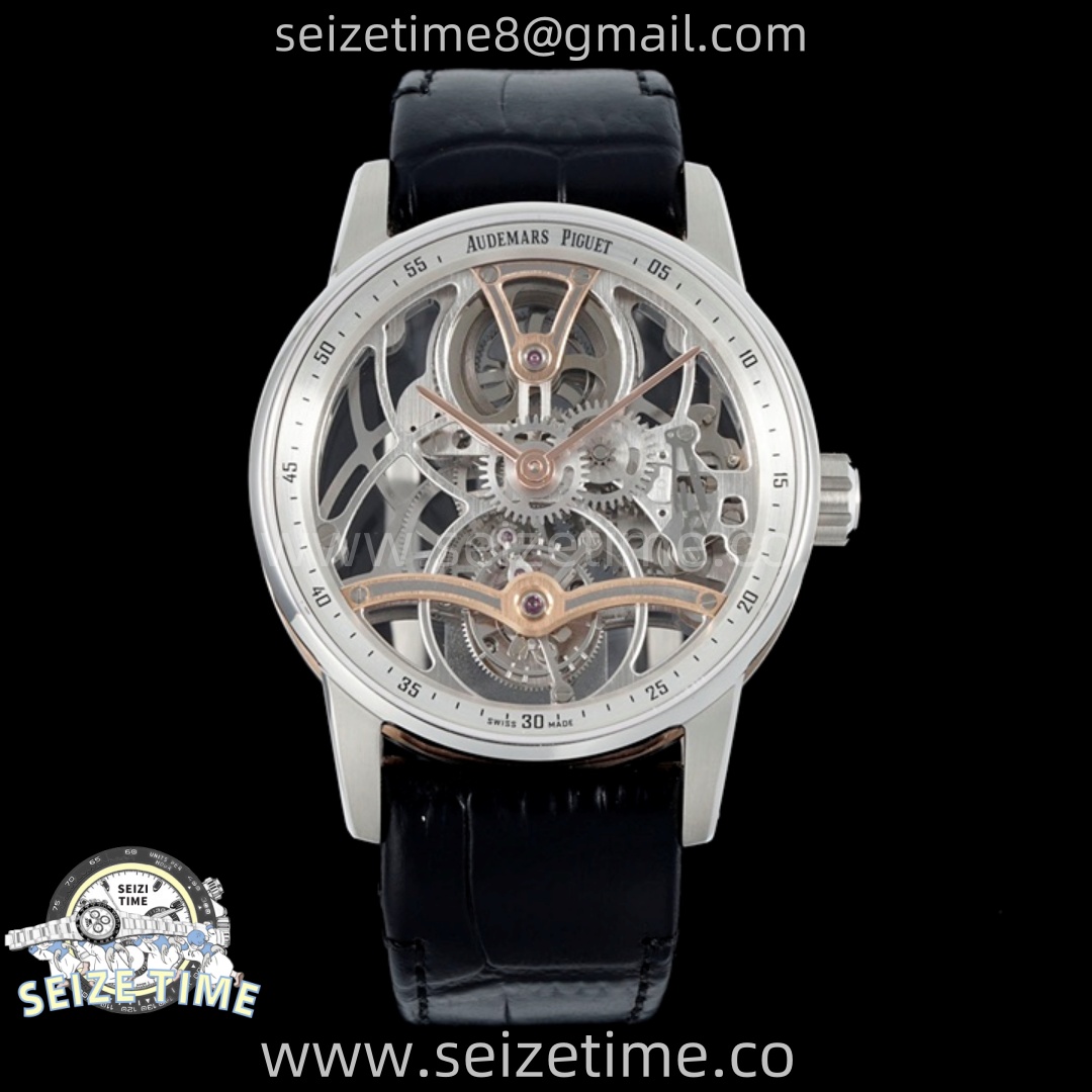 Code 11.59 26600CR SS/RG APPF Best Edition Silver Skeleton Dial On Black Leather Strap Asian Tourbillon