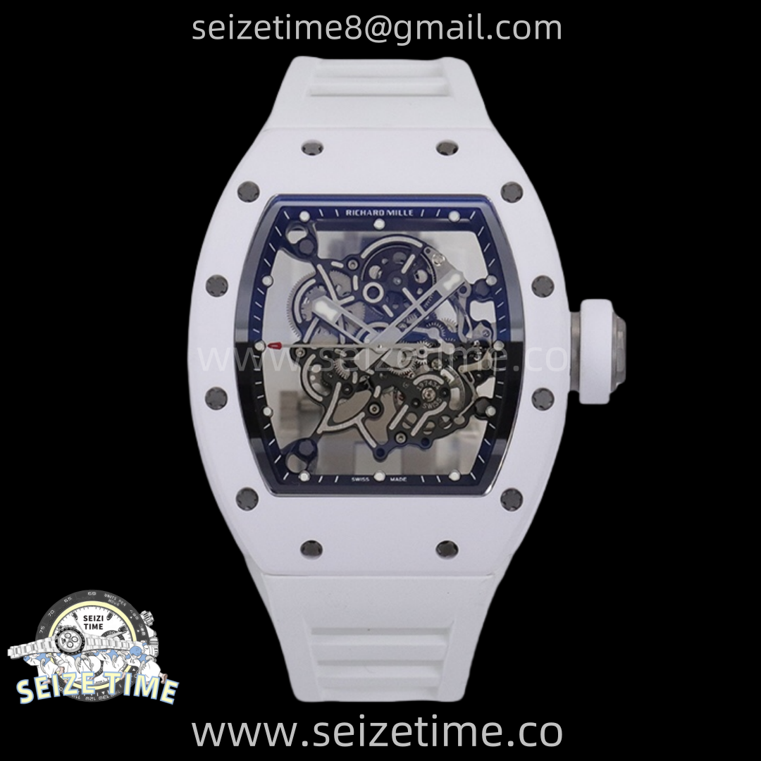 RM055 White Ceramic ZF V3 1:1 Best Edition Skeleton Dial On White Rubber Strap RMUL2 Super Clone