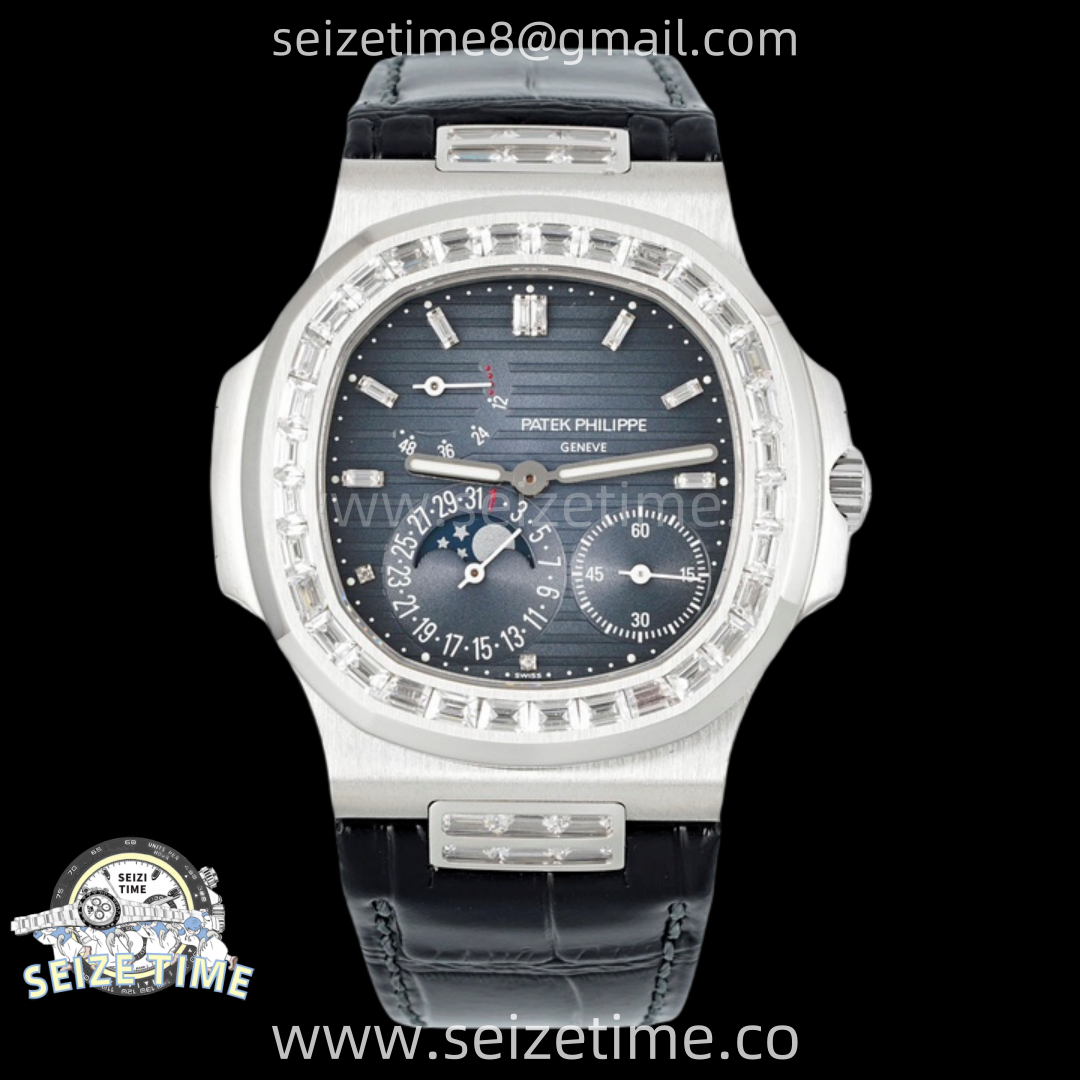 Nautilus 5712 Full Diamonds SS PPF 1:1 Best Edition Blue Dial on Black Leather Strap A240 Super Clone