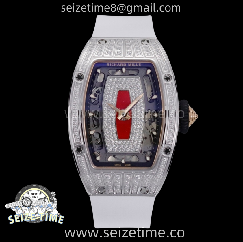 RM07 Ladies SS Diamonds Bezel ZF 1:1 Best Edition Black Diamonds Skeleton Dial on White Rubber Strap CRMA2 Clone
