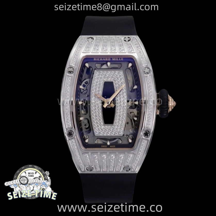 RM07 Ladies SS Diamonds Bezel ZF 1:1 Best Edition Black Diamonds Skeleton Dial on Black Rubber Strap CRMA2 Clone