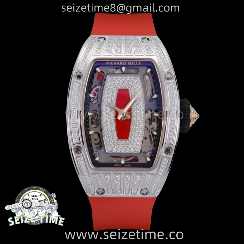 RM07 Ladies SS Diamonds Bezel ZF 1:1 Best Edition Red Diamonds Skeleton Dial on Red Rubber Strap CRMA2 Clone