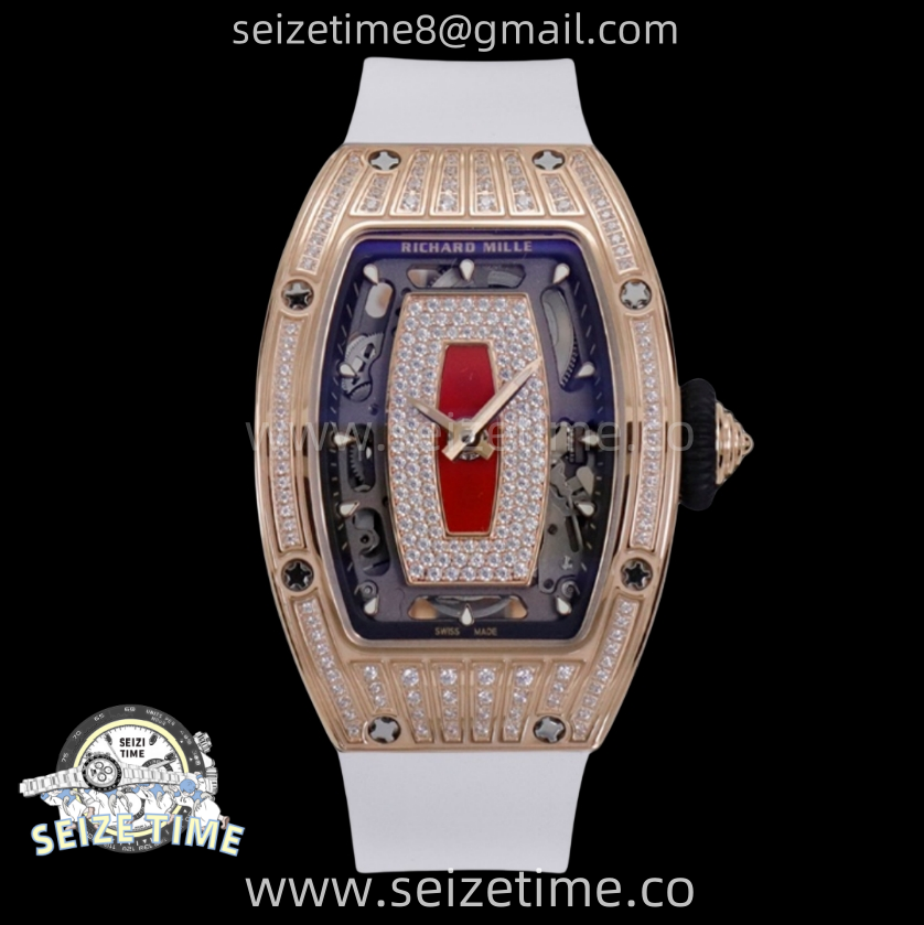 RM07 Ladies RG Diamonds Bezel ZF 1:1 Best Edition Red Diamonds Skeleton Dial on White Rubber Strap CRMA2 Clone