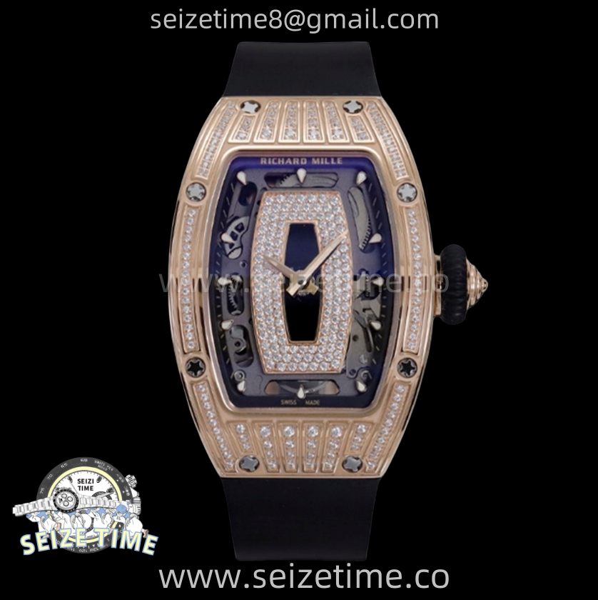 RM07 Ladies RG Diamonds Bezel ZF 1:1 Best Edition Black Diamonds Skeleton Dial on Black Rubber Strap CRMA2 Clone