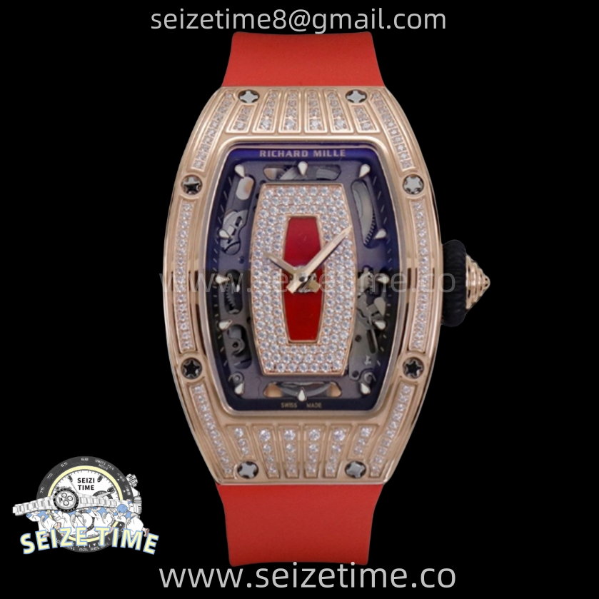 RM07 Ladies RG Diamonds Bezel ZF 1:1 Best Edition Red Diamonds Skeleton Dial on Red Rubber Strap CRMA2 Clone