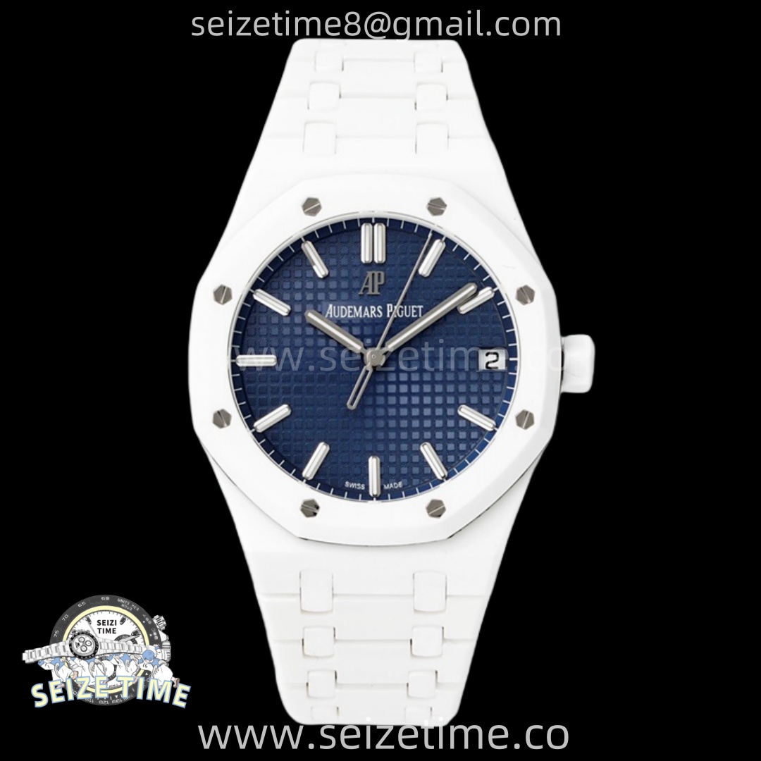 Royal Oak 15500 White Ceramic APSF 1:1 Best Edition Blue Dial on White Ceramic Bracelet SA4302 Super Clone