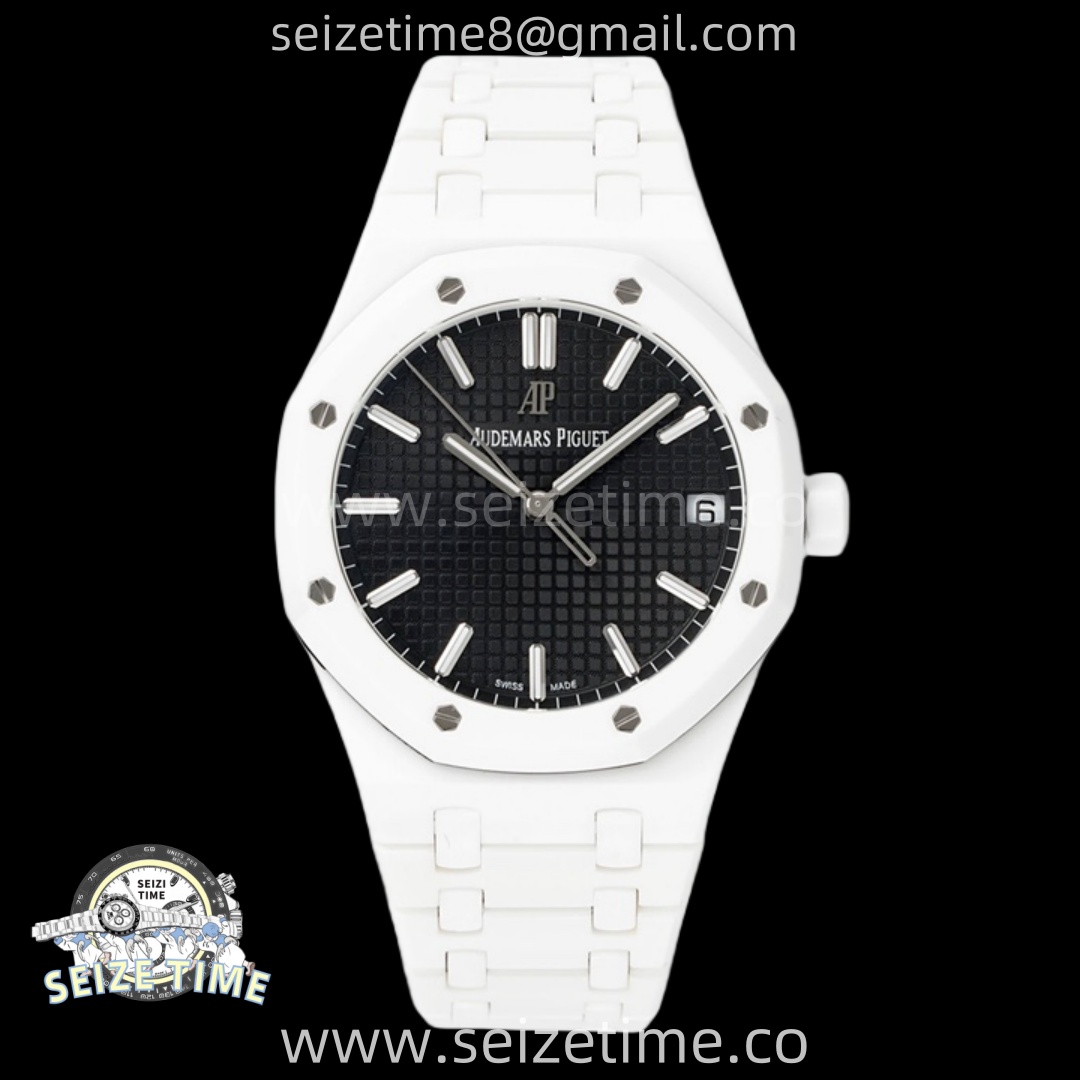 Royal Oak 15500 White Ceramic APSF 1:1 Best Edition Black Dial on White Ceramic Bracelet SA4302 Super Clone