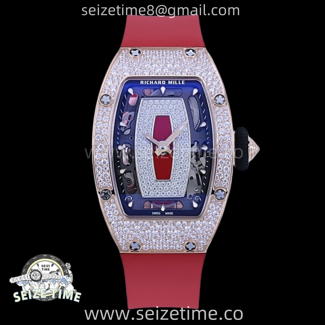 RM07 Ladies Snow Diamonds RG ZF 1:1 Best Edition Red Dial on Red Rubber Strap CRMA2 Clone