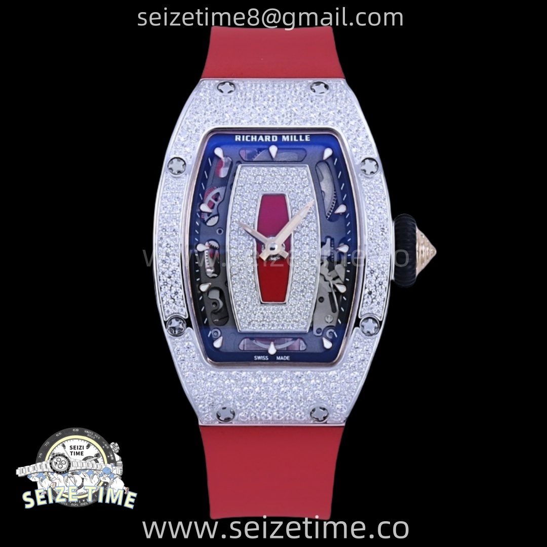 RM07 Ladies Snow Diamonds SS ZF 1:1 Best Edition Red Dial on Red Rubber Strap CRMA2 Clone