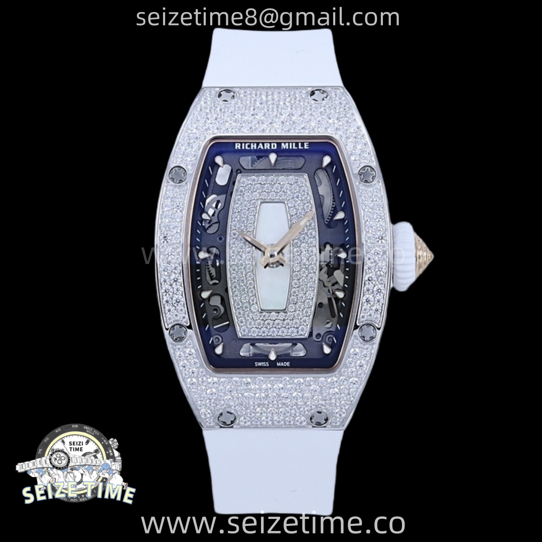 RM07 Ladies Snow Diamonds SS ZF 1:1 Best Edition White Dial on White Rubber Strap CRMA2 Clone